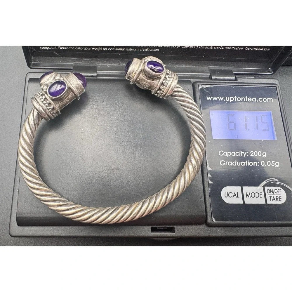 Bali Artisan-Style Sterling Silver Amethyst Twisted Cable Cuff Bracelet 61.15g